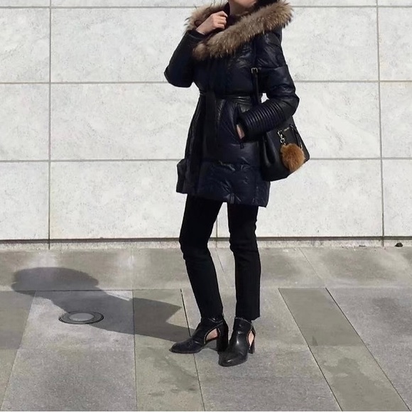 Rudsak navy down winter coat with leather waistband and details - Picture 16 of 16